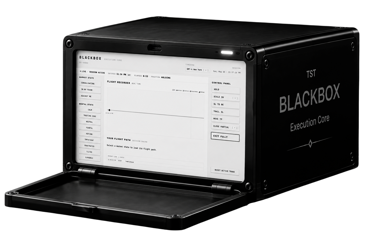 The open BLACKBOX with the live execution panel on its inner screen